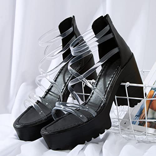 Aihou Women's Sandals Open Toe Chunky Block High Heels Platform Sandals Casual Summer Strappy Wedge Sandals For Women Black #TOP3