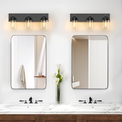 IZORRO Bathroom Vanity Light Fixture, 3-Light 22 Inch Matte Black Bathroom Light Fixtures Over Mirror, with Clear Glass Shade, Modern Farmhouse Vanity Lights, Rustic Restroom Lighting Fixtures by IZORRO - Used condition - Image 8