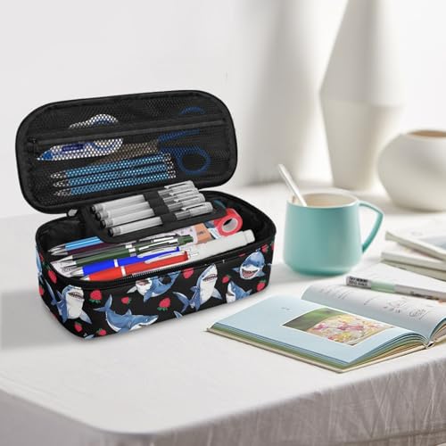 Image of Kids Pencil Case Shark Strawberries Pencil Pouch Large Storage,Black Pencil Bag for Boys Girls Lightweight Pencil Container for Preschool Elementary Children Pencil Box for Daily Study