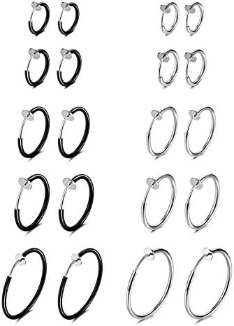 Evevil Fake Nose Ring Clip On Hoop Earrings for Women Faux Lip Septum Ring Spring Endless Hoop Earrings Non Piercing Lobes Men Girl (10 Pairs,13mm-25mm,Black,Silver,Gold,Rose Gold)