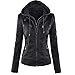 Newbestyle Lederjacke für Damen, Reißverschluss, Mantel mit Kapuze, kurz, Schwarz , 48