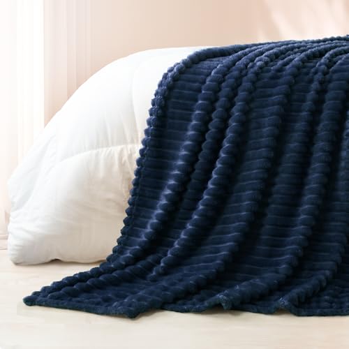Exclusivo Mezcla Fleece Throw Blanket for Couch, Super Soft 3D Striped Jacquard Bed Blanket, Lightweight Fuzzy Cozy Blankets for All Seasons, 50x60 Inches, Navy Blue Blanket - Thumbnail 3