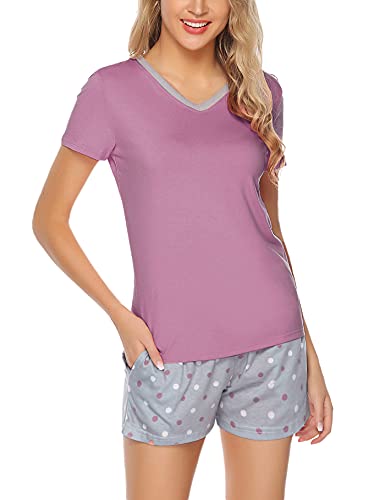 Aseniza Pyjama Femme Été Coton Court Ensemble de Pyjamas Ete Vêtements de Nuit Short à Pois Courtes Tenue de Nuit 2 Pièces Vêtements de Détente Mauve2 M Cover