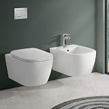 Sanitari Sospesi Serie Kayra WC In Ceramica Bianco Lucido Scarico Rimless Completo Di Copriwc Slim Soft-Close