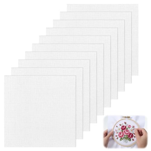 DOPENSPI 10 Stück Kreuzstich Stoff zum Sticken Eye Mesh Stoff 20x20 cm Stickerei Tuch Weiß Kreuzstichtuch Sticken Aida Mesh Canvas Sheets Kit Cross Stitch Fabric für Stickerei DIY Handwerk