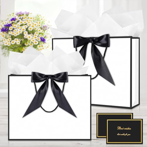 Image of JMANNI Gift Bags with Handles, 13 inch Medium Gift Bag for Presents, 1 Pcs Bags with 2 Tissue Paper and 1 Cards for Graduation Baby Shower Wedding Fathers Day Mother's Day Birthday Party（white-black）