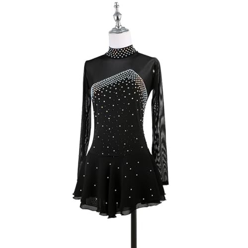 DIJITOO Vestido de patinação artística, temperamento strass gola alta manga comprida performance com