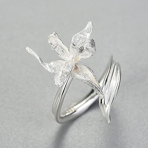 Bague ajustable femme - anneau ouvert argent S925 vintage et fleur d'iris unique
