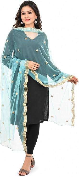 Fashstastic Embroidered & Embellished Plastic Mirror Net Dupatta for Womens & Girls With Cut Design