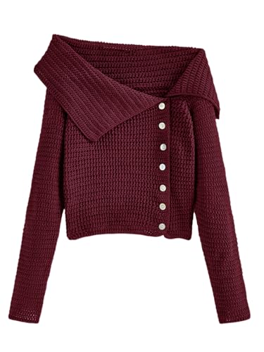Saodimallsu Womens Off The Shoulder Sweater Long Sleeve Y2k Button Trendy Knitted Asymmetric Crop Tops