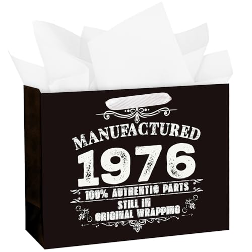 WRAPAHOLIC 13" Large 50th Birthday Gift Bag with Tissue Paper - Vintage Manufactured 1976 Paper Bags for 50 Year Old Birthday Anniversary Keepsake Party
