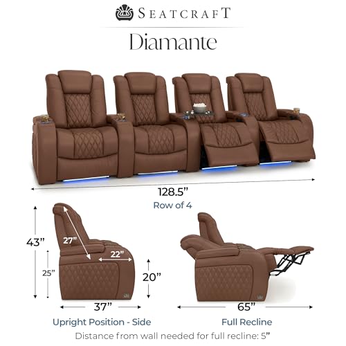 Image of Seatcraft Diamante Tobacco Italian Leather Home Theater Seating, Zero Gravity Power Recliner Gaming and Home Office Chair, Powered Headrest Lounge Sofa Furniture for Cinema Room, Row of 4
