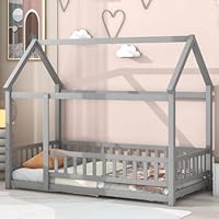 Twin Size House Floor Bed Wooden Montessori Bed with Fence and Roof for Kids Playhouse Style Bed Frame for Girls Boys Teens, Gray