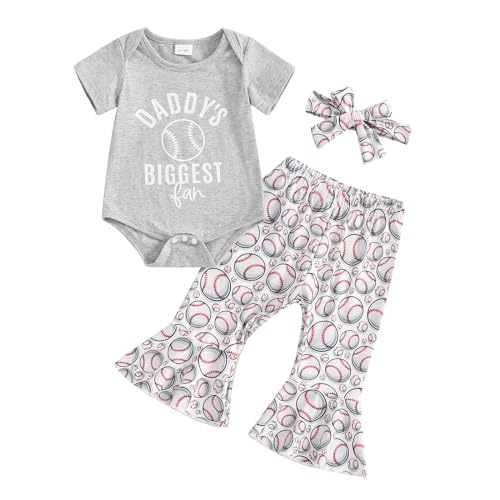 Image of Newborn Baby Girl Baseball Outfit Daddy's Biggest Fan Bodysuit Flare Pants Headband 3pcs Clothes Set