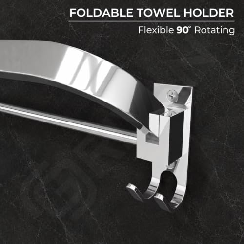 Image of GRIVAN Stainless Steel Towel Rod for Bathroom with Hooks | Foldable Towel Holder Stand with Drill Mount - Bathroom Hangers for Clothes (1, Silver, 18 INCH)