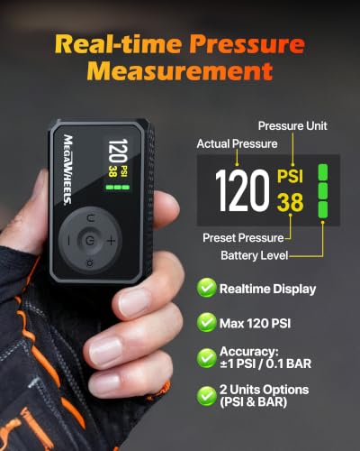 Image of MEGAWHEELS Mini Bike Pump with Gauge, 120 /150PSI Bike Tire Inflator with Presta & Schrader Valve, Portable Electric Air Pump Auto Stop, Fast Inflation for E-Bike, Mountain Bike, Scooter, Balls
