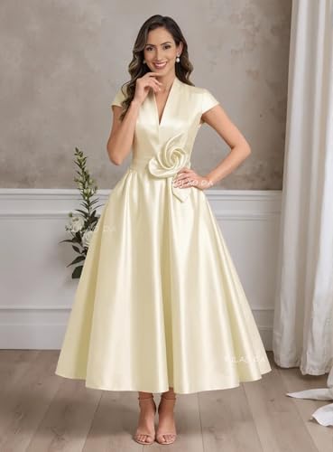 Tea Length Mother of The Bride Dresses for Women Satin 3D Flower Formal Dress Cap Sleeve Cocktail Dresses3