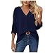 yuwo Camiseta casual de manga larga con cuello en V para mujer de color sólido, azul oscuro, XXL