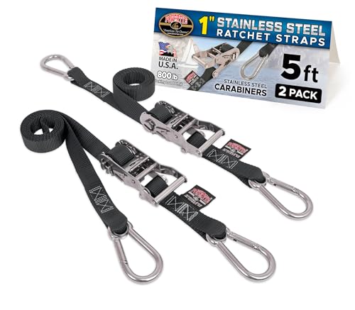 PowerTye 1 inch x 5ft Stainless Steel Ratchet Straps with Stainless Steel Carabiner Hooks, 800lb Working Load / 2400lb Break Strength, for Boats, Cargo & Marine Use, Made in USA, Black (2-Pack)