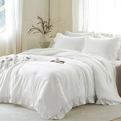 Image of Pure White Ruffle Comforter Set Queen, Pre-Washed Shabby Chic Bedding Set, Lightweight Cottagecore Soft Romantic Cozy 1 Comforter & 2 Shams, All-Season