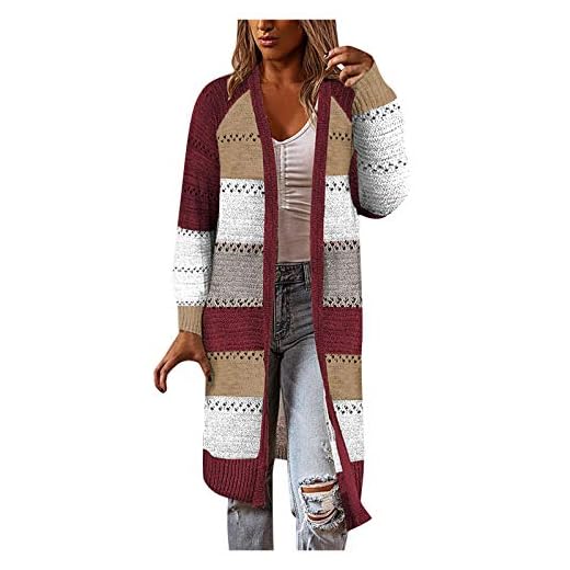 Vectry Damen Lätt jacka färg block lång kofta tröja överdimensionerad öppen randig lös stickad kimono-kappa, röd, 3XL