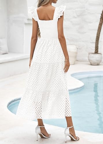 Lazysmile Womens Summer Maxi Dress Square Neck Ruffle Cap Sleeve Hollow Out Eyelet Smocked Tiered A Line Boho Sundress White — view 2
