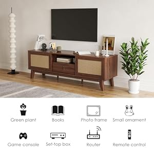 Rattan tv stand for tvs up to 70 wood tv stand mid century modern tv stand tv media console with drawer and 2 cabinets boho entertainment center for living room  urban country home decor