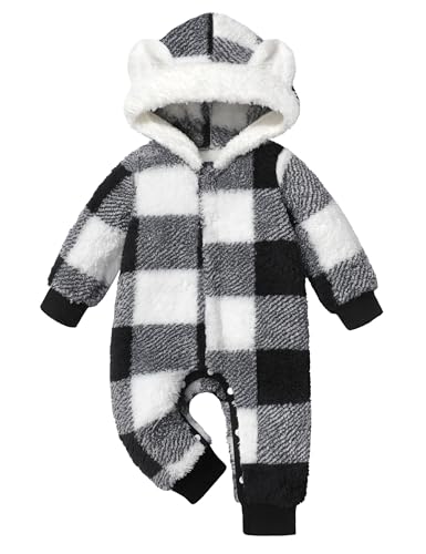 Image of Von kilizo Baby Boy Clothes Winter Baby Snowsuit Bunting Warm Suit Bear Fleece Onesie Hooded Plaid Snap Romper Jumpsuit Coat
