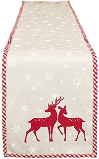 Cotton Table Runner 140cm Gingham Edge Red Woodland Stag Deer Design Dining Linen Tablecloth