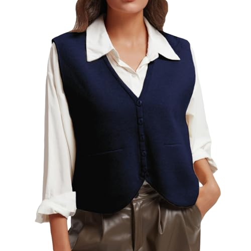 Image of Wowcarbazole Women's Cropped Sweater Vest Sleeveless V Neck Button Down Casual Knit Cardigan Vest Trendy Knitted Tank Tops