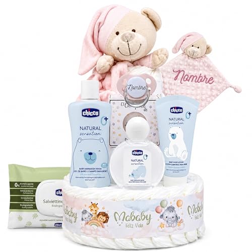 Mababyshop Tarta de Pañales Mi Dou Dou Velvet, Regalo Bebé Personalizado con Dou dou Bordado, Chupete Grabado, Cosmética Bebé y 42 Pañales T2 (Rosa)