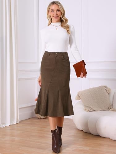 Seta T Women's Corduroy Skirts High Waist Stretchy Midi Mermaid Skirt with Pockets Casual Work Fall Winter 20254