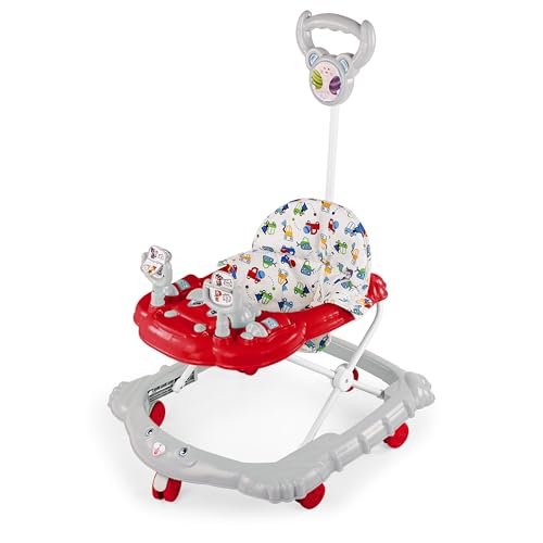 Image of BabyGo Jonny Walker for 6-24 Months, Baby Walker with Push Handle & Activity Tray - Foldable Adjustable Height Infant Walker with Wheels, Music,Toy Bar and Comfotable seat (Red-Grey)