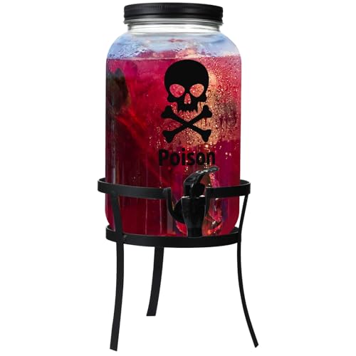 FillTouch 1 Gallon Glass Beverage Dispenser with Metal Stand Stainless Steel Spigot Outdoor Drink Dispenser Glass Drink Container Dispensers for Parties Lemonade Tea Cold Water(Black,Halloween)