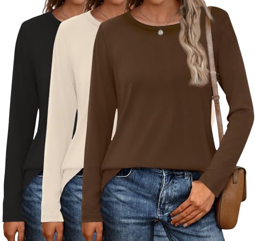 Ekouaer 3 Pack Long Sleeve Shirts for Women Crew Neck Thermal Tops Lightweight Base Layer Undershirt Tees 2025 S-XXL