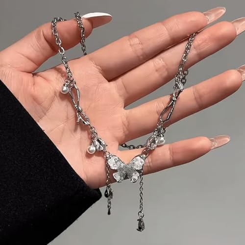 Silver Rhinestone Butterfly Necklace for Women Y2K Irregular Pearl Bow Y Necklace Sparkly Crystal Butterfly Pendant Necklace Adjustable Cubic Zirconia Butterfly Chain Necklace Fashion Gemstones Accessories Jewerly4
