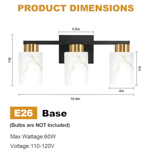 Image of 3-Light Bathroom Light Fixtures, Modern Vanity Lights, Black and Gold Metal Wall Lamp with White Marble Glass for Bathroom, Mirror, Living Room, Bedroom, Cabinet, Porch, Hallway, E26 Base