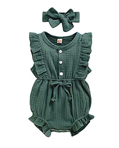 Toddler Baby Girl Clothes Ruffle Bodysuit Sleeveless Romper Solid Cotton Linen Jumpsuits Onesie Outfit + Bowknot Headband 2PCS Yellow 6-12 Months