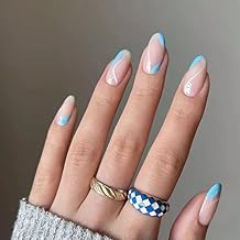 RikView Medium Press on Nails French Fake Nails Almond Acrylic Nails Clear Press on Nails with Swirls Design Blue & White Nails