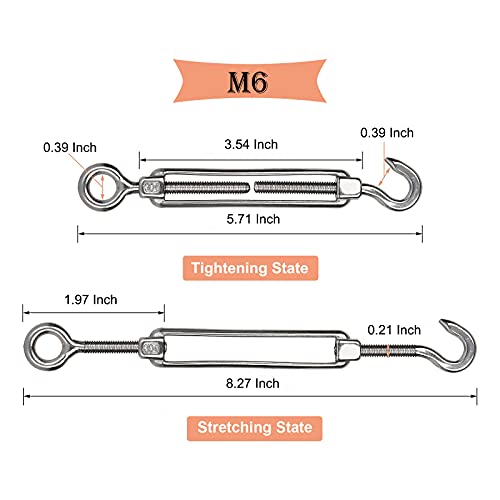 FVIEXE 10Pack M6 Turnbuckle Hook and Eye, Stainless Steel Cables Wire Turnbuckles, Heavy Duty Turnbuckle for Wire Rope Tension, Cable Railing Hardware Kit for Sun Shade Sail, Tent Installation - Thumbnail 2
