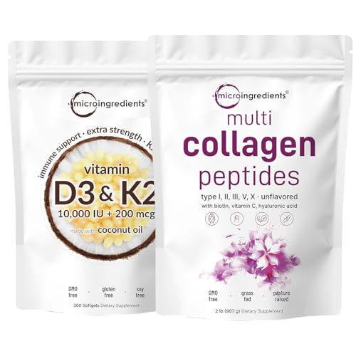 Micro Ingredients Multi Collagen Protein Powder 2lbs & Vitamin D3 10,000iu + K2 200mcg Coconut Oil Softgels Bundle 2 Pack | Grass-Fed Collagen Peptides | Essential Sunshine Vitamins