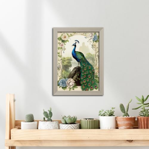 Image of TenorArts Peacock Photo Frame Vastu Positivity Lucky Wall Painting Aesthetic Art Frames with White Wooden Texture for Living rooms Office Bedroom - Wall Paintings /Hangings (12inches x 9inches)