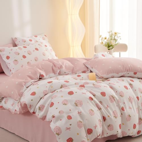 Freyamy Bettwäsche 155x220 Rosa Bunt Erdbeer Schleifen Herz Bettwäsche Set – Ansicht 3