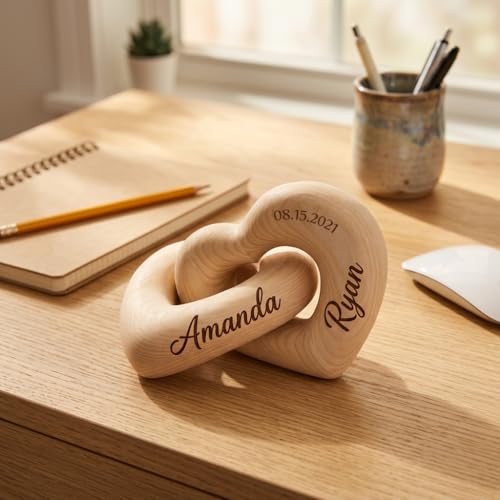 Personalized Wooden Hearts with Names - Custom Engraved Interlocking Heart Sculpture for Couples - 5th Wood Anniversary Valentine's Day Gift Idea, Romantic Home Decor (1-Pack) - Image 2