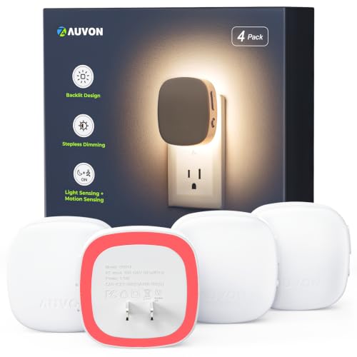 AUVON Plug-in LED Backlit Night Light with Motion Sensor & Dusk to Dawn Sensor, Dimmable Red Nightlight with 1-50 lm Adjustable Brightness for Bedroom, Bathroom, Stairs, Hallway (4 Pack)