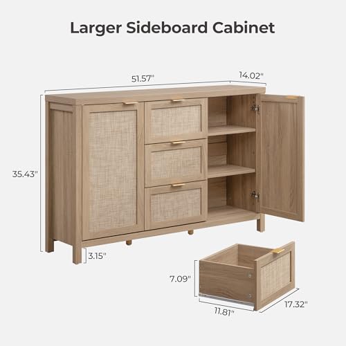 Image of SICOTAS 52 Inch Sideboard Buffet Cabinet with Storage, Rattan Credenza | Farmhouse Boho Coffee Bar Cabinet Storage Cabinet with 3 Drawers, Console Table for Living Room, Kitchen, Hallway