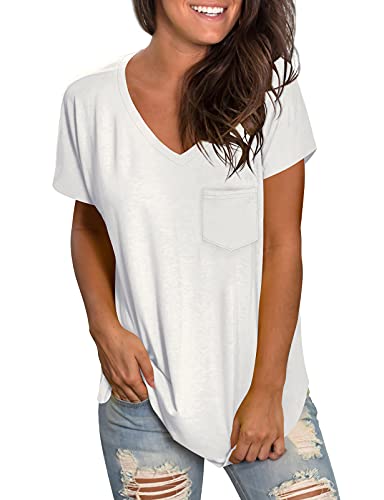 Weeso White V Neck T Shirts For Women Short Sleeve Tshirts Womens Summer Tops With Pocket White M #TOP9