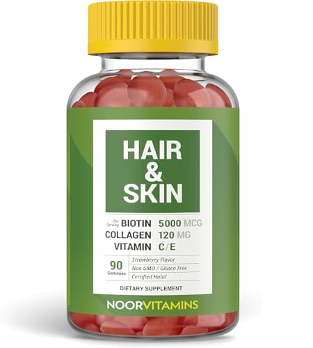 Noor Vitamins Halal Hair Vitamins Biotin Collagen Silica Vitamin C & E Supports Hair Skin & Nail Health; Natural Strawberry Gummy Vitamins. GMO Gluten Free & a Certified Halal Vitamin (90 Count)