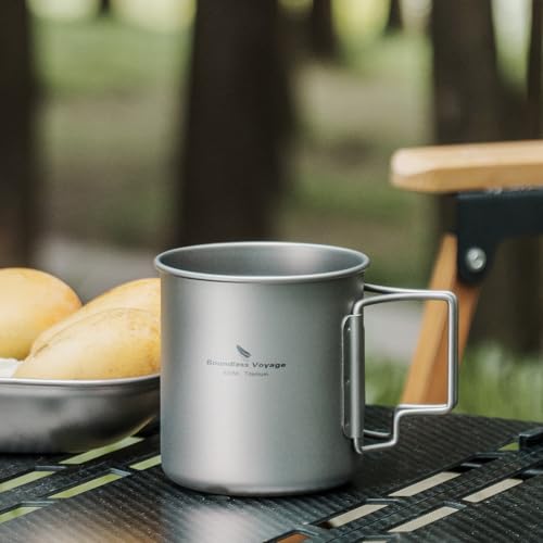 usharedo Titanium Coffee Mug Titanium Pots Titanium Cup with Foldable Handle Outdoor Camping Water Mug Tableware 14.3oz/420ml Ti1518B