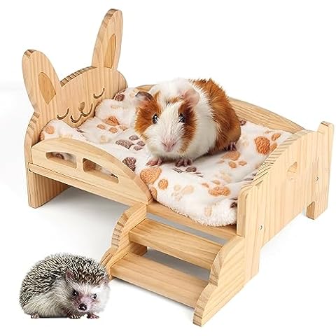 HOSUKKO Wooden Guinea Pig Bed with Mat 13.5IN X 9.3IN Guinea Pig Bunny Detachable Hideout with Stairs Small Animal Cute Warm Habitats for Hamsters Guinea Pig Ferret Small Bunny Sleeping Hiding Cover